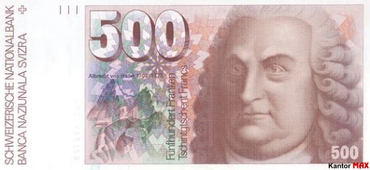 500 franków szwajcarskich 6 seria 1977 rok - Awers