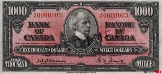 1000 dolarów kanadyjskich 1937 rok - Awers