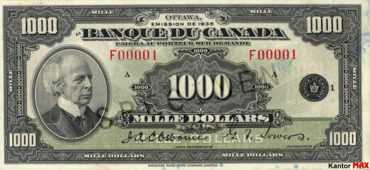 1000 dolarów kanadyjskich 1935 rok - Awers