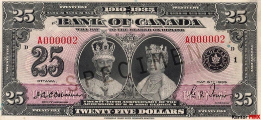 25 dolarów kanadyjskich 1935 rok - Awers