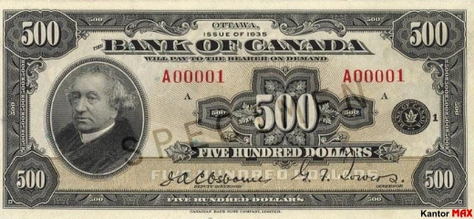 500 dolarów kanadyjskich 1935 rok - Awers